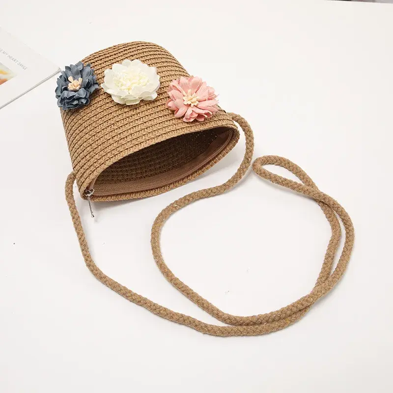 Mini sac à main en rotin fleuri pour fille, sacoche décontractée en paille d'été pour la plage, pour enfant