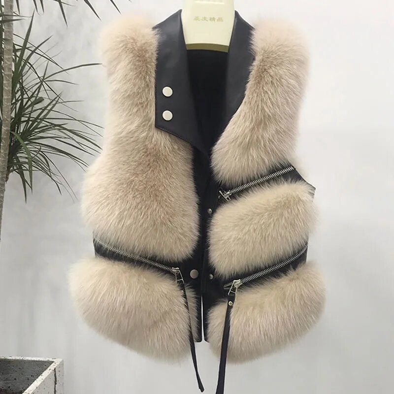 여성용 슬림 핏 스플라이싱 인조 여우 모피 조끼 코트, 겨울 패션 재킷, 신제품