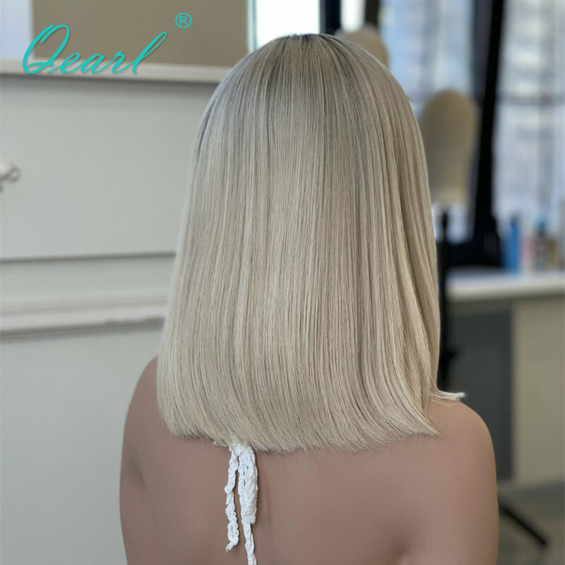 Qearl-Perruque Bob Lace Wig Brésilienne Naturelle, Cheveux Vierges Lisses, Blond Platine, Ombré, Courte, pour Femme