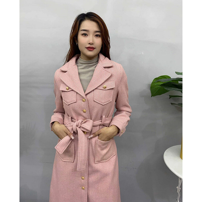2023 Autumn Winter New Fashionable Style Long Lace Up Outer Wear Design Feeling Slim Fit pink Striped Button Woolen Coat Women