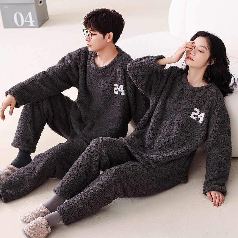 Pijama coreano espesso inverno para casais, conjuntos de pijamas sólidos para homens e mulheres, pijamas quentes e macios para amantes