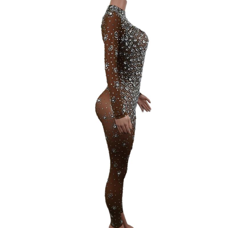 Jumpsuit kristal berlian imitasi wanita tiang klub malam pesta penyanyi Jazz kostum panggung dansa karnaval Rave Festival desainer lucu