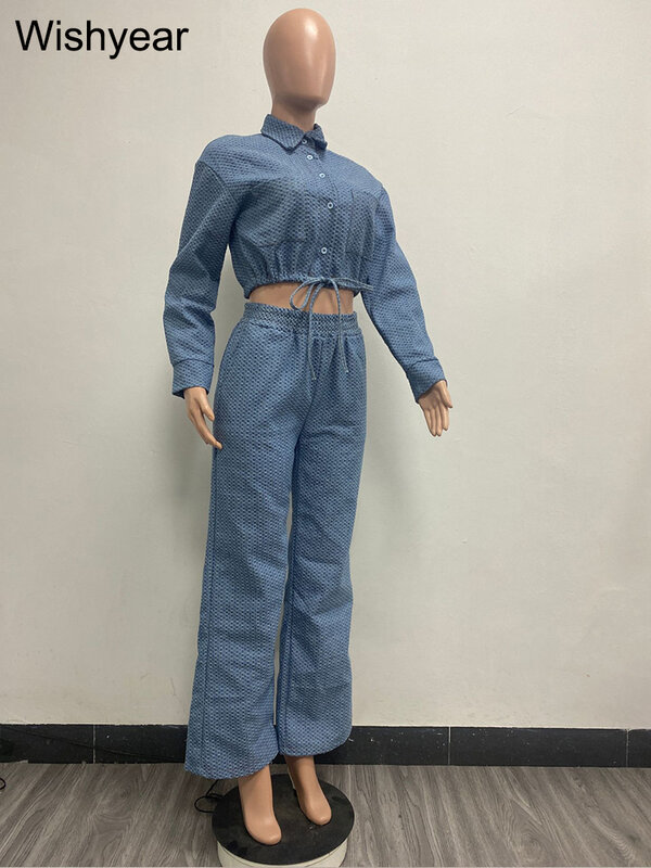 Elegant Denim Two Piece Set Women Long Sleeve Buttons Drawstring Jackets Crop Top Wide Leg Pants Jeans Suits Streetwear Outfit