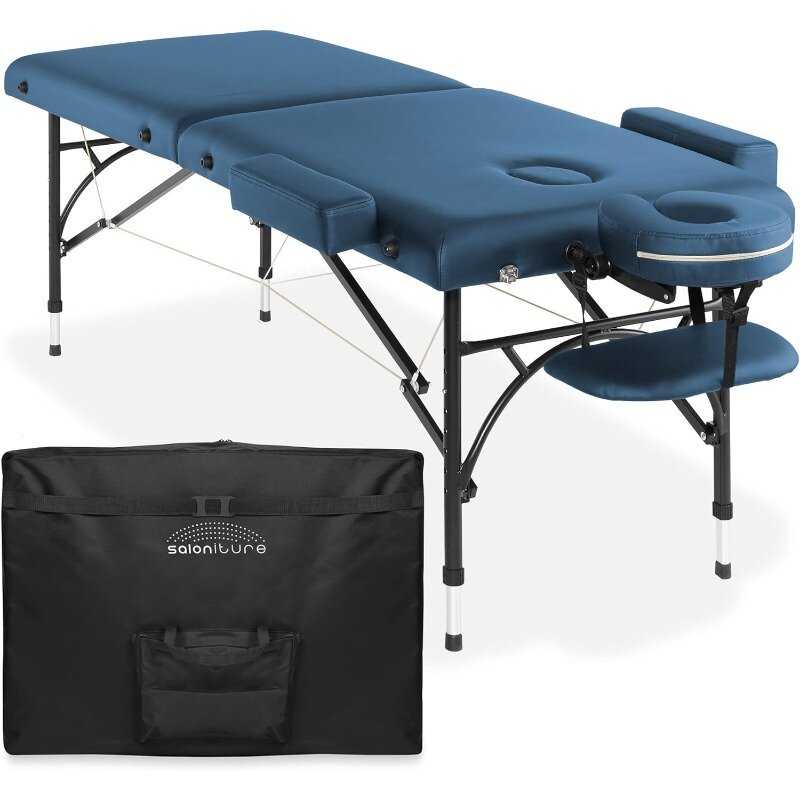 Mesa de massagem portátil leve bi-fold com pernas de alumínio, encosto de cabeça, berço, braços e estojo azul