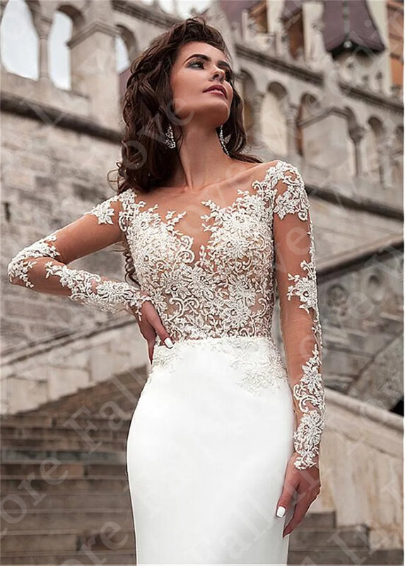 Элегантное Атласное Свадебное Платье 2024, кружевное платье-футляр с круглым вырезом и длинным рукавом, юбка-годе для невесты, новое женское платье