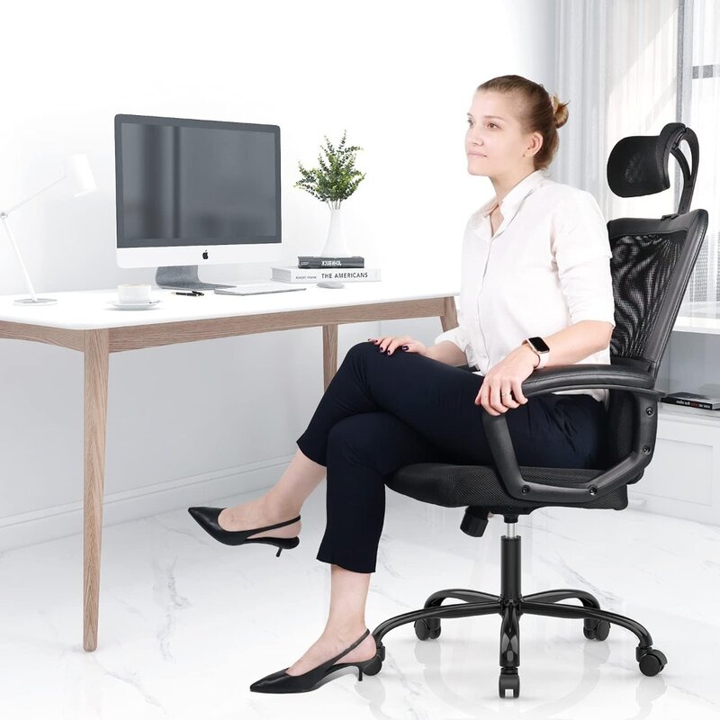 Krzesło biurowe SMUG, ergonomiczne krzesło komputerowe do domowego biura z podparciem lędźwiowym/regulowany zagłówek/podłokietnik i kółka/siatka