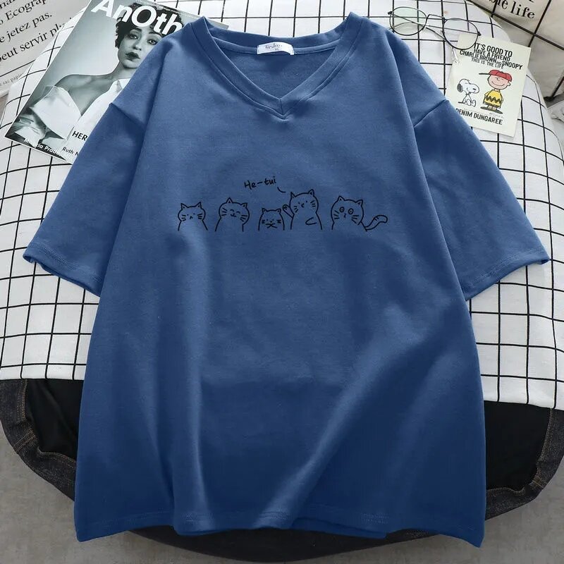 Plus rozmiar 6XL 150KG koszulki damskie Harajuku topy w dużych rozmiarach nadruk z kotem O Neck krótkie rękawy luźne lato Kawaii t-shirt