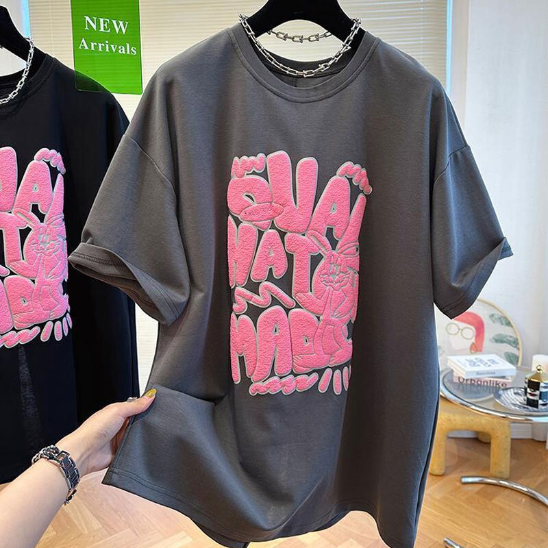 Koreanische Split stilvolle Falten Bogen Pullover Patchwork lässig Brief weibliche Kleidung O-Ausschnitt Sommer All-Match Kurzarm T-Shirt