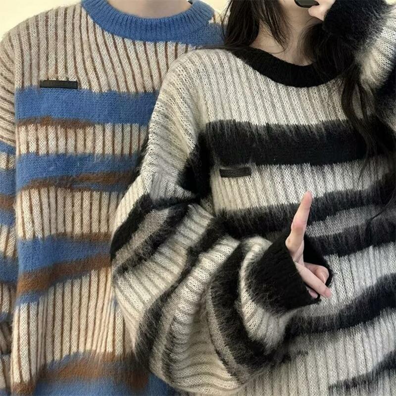 Women Top Cozy Unisex Striped Sweater Thick Winter Warmth for Couples Oversized Pullover Top for A Stylish Season Warm Cozy