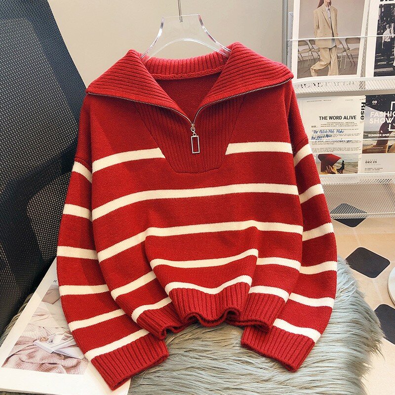 캐주얼 스트라이프 니트 스웨터, 2023 봄/가을 패션, 빈티지 하프 지퍼 풀오버, 여성용 짧은 상의, 루즈하고 세련된 스웨터