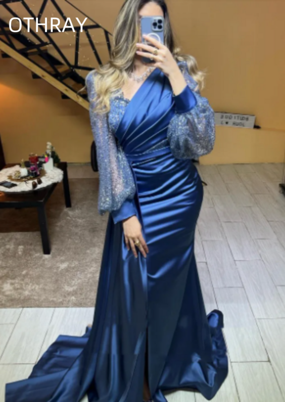 Hochzeits feier sexy Frauen V-Ausschnitt Langarm Meerjungfrau Satin arabische Mode Promi Ballkleider 2024 Robe de Navy Abendkleider