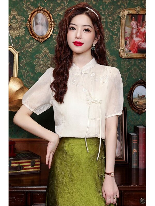 Chiffon Lace Short Sleeve Summer Shirts Women Chinese Style Floral Embroidery Fashion Ladies Blouses Loose Woman Shirts Tops