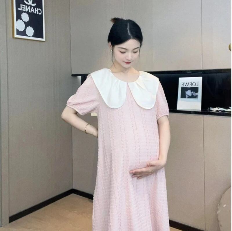 Ropa de maternidad para mujer embarazada, vestido de fiesta de manga corta con cuello Peter Pan, vestidos de embarazo de manga corta