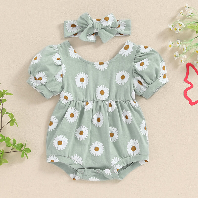 2024-04-05 lioraitiin 0-18M Baby Girls Summer Rompers Infant Short Puff Sleeve O Neck Floral Romper with Headband