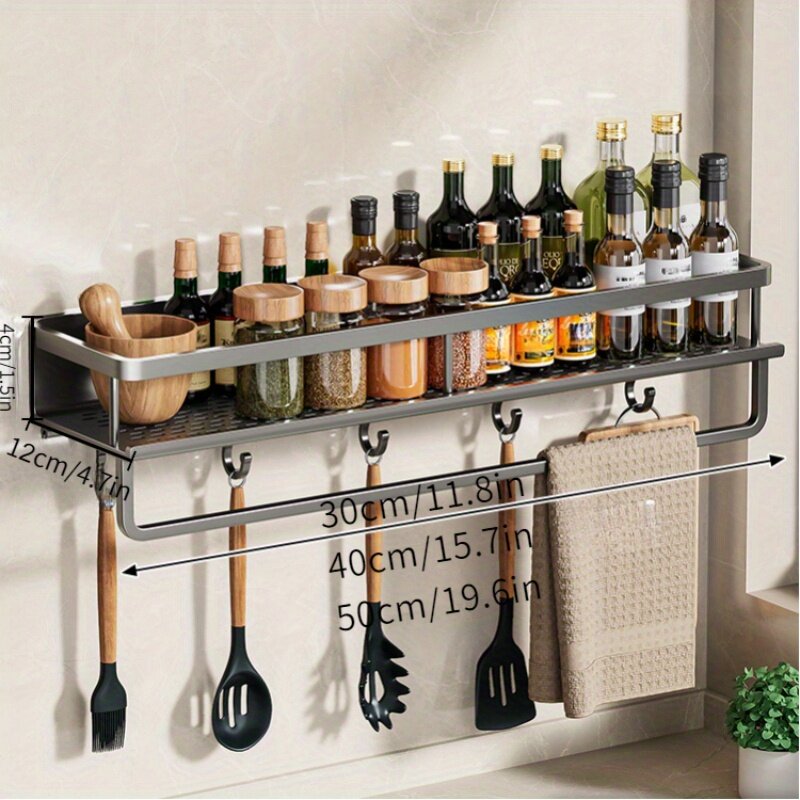 Kitchen Seasoning Rack Wall-Mounted Pepper Spices Storage Storage Shelf with Hook Rod Spade Towel Storage Kitchen Accessories
