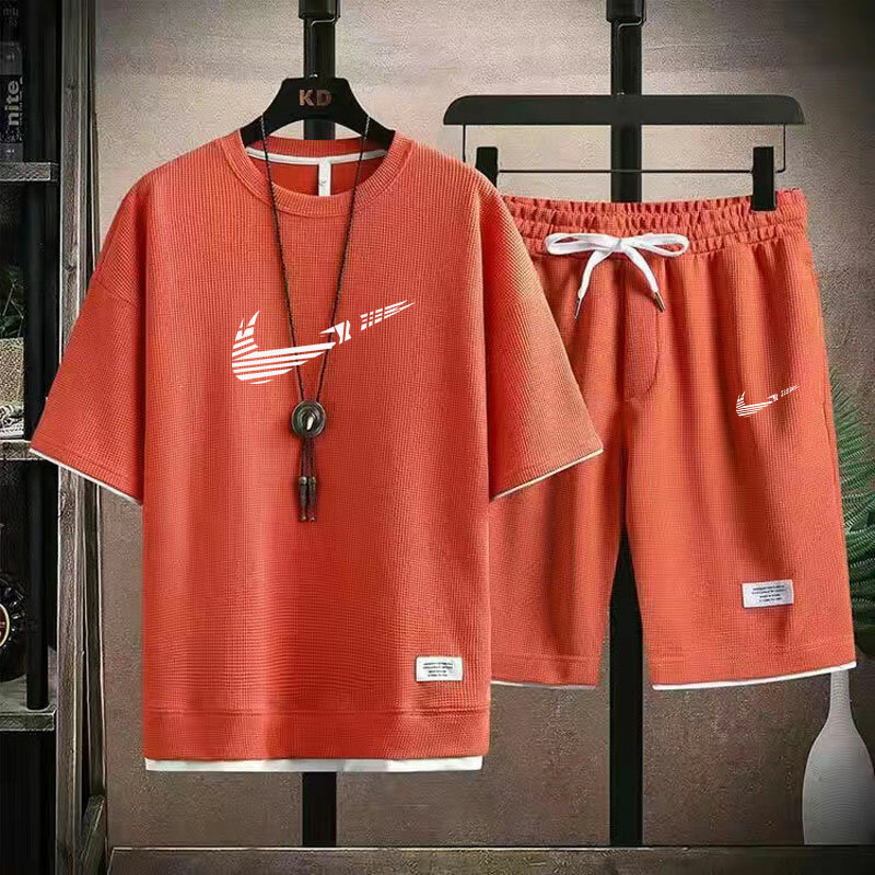2024 new summer Waffle men's fashion Korean sportswear men's short sleeve T-shirt + sports shorts suit casual wear Set