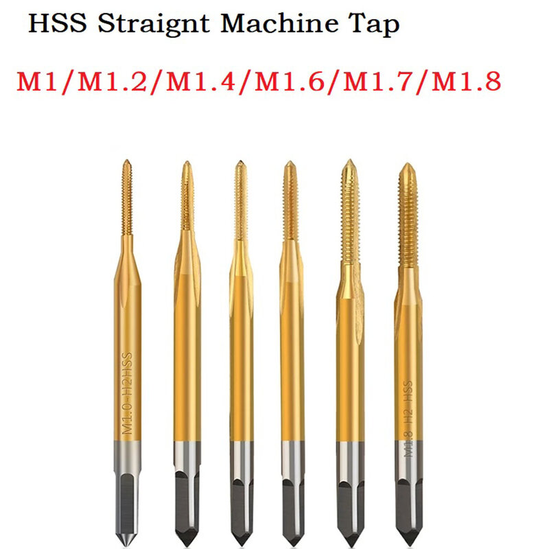 Grifo de rosca HSS con revestimiento de titanio, broca de grifo de rosca métrica de flauta recta, herramienta de mano M1, M1.2, M1.4, M1.6, M1.7, M1.8