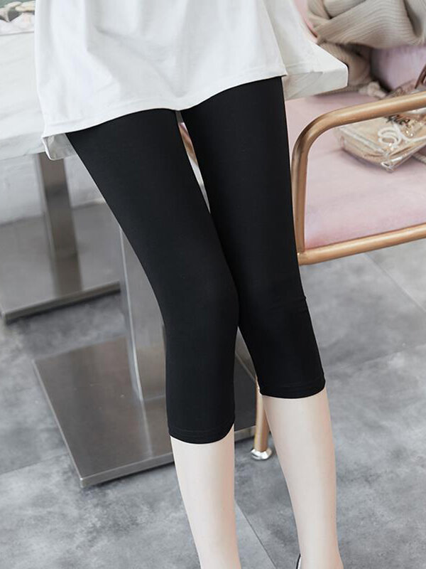 CUHAKCI Sommer Kurze Leggings Frauen Jegging Polyester Solid Black Capris Fitness Elastische Mid-Kalb Cropped Hosen
