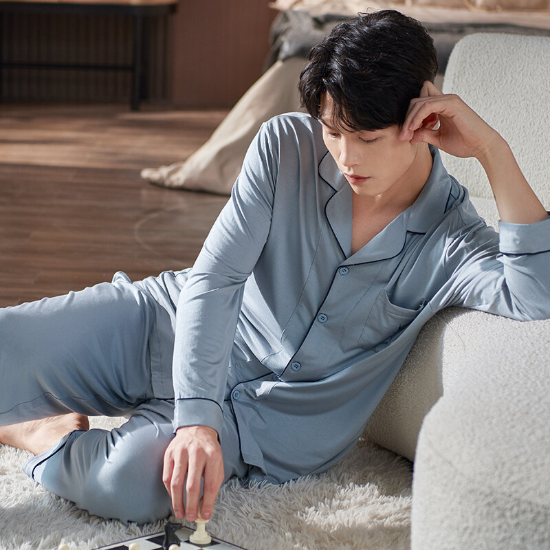 Men Nightwear Suit Autumn Soft Modal Long Sleeve High Quality Pajamas Casual Cardigan Homewear Plus Size M-XXXL Pijama Hombre