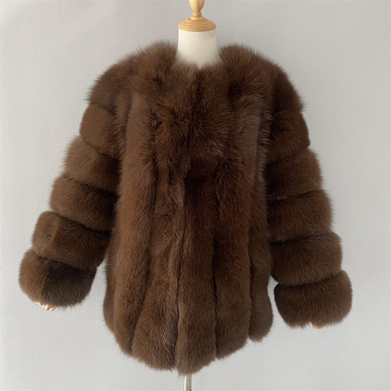 Jaxmonoy-Casaco de pele real feminino, pele de raposa natural, monocromático, casacos quentes e longos, casacos femininos, luxo e moda, outono e inverno