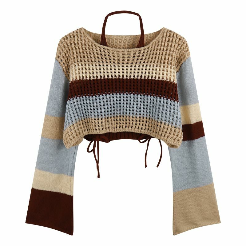 Sweater Halter Sling celana kargo, pakaian rompi atasan rajut Multi garis kasual 1 atau 3 potong Musim Semi dan Gugur 2024