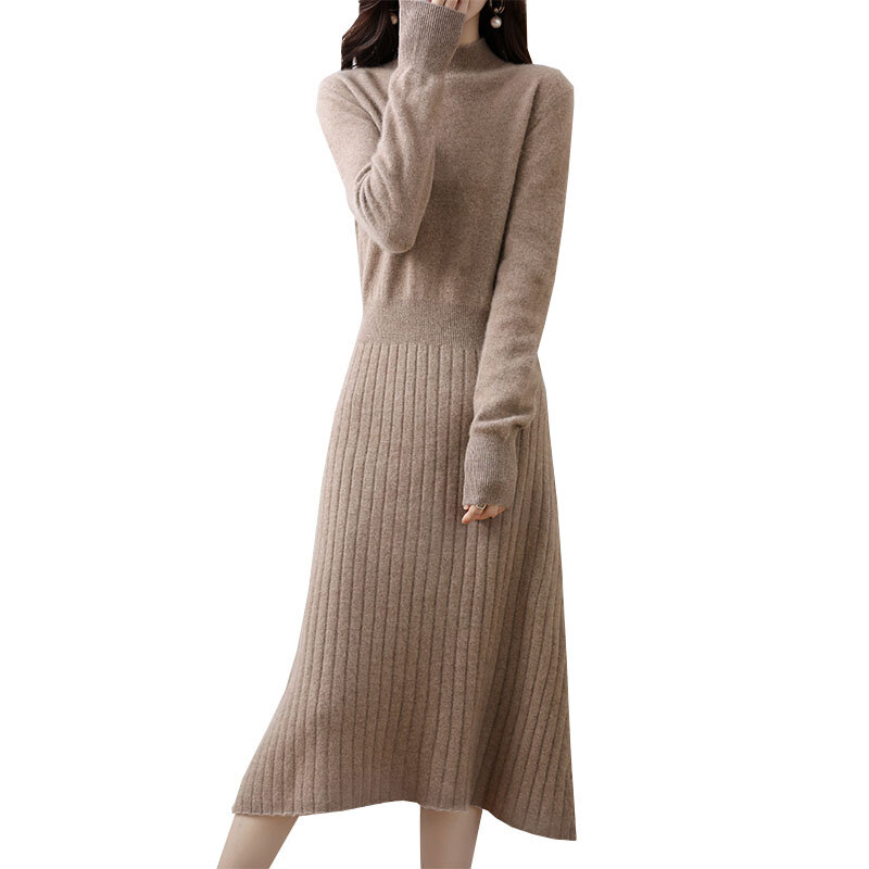Gebreide jurken voor dames, lange stijl truien, 100% wol, hals, winter, herfst, nieuwe aankomst, 2022