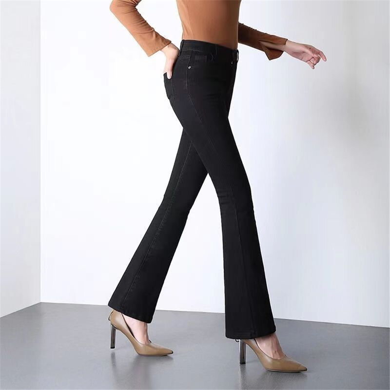 Estiramento do escritório de cintura alta magro flare jeans clássico feminino em linha reta calças jeans vintage magro vaquero coreano pantalones