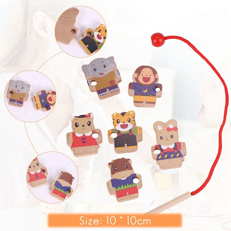 Animal de desenho animado Threading Wooden Beads Toy para crianças, brinquedos educativos Montessori, DIY, quente, 2023
