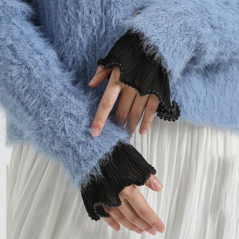1 Pair Detachable Fake Cuffs Pearl Lace Mesh Flared Sleeves Pleated Sweater Blouse Wrist Warmers Gloves