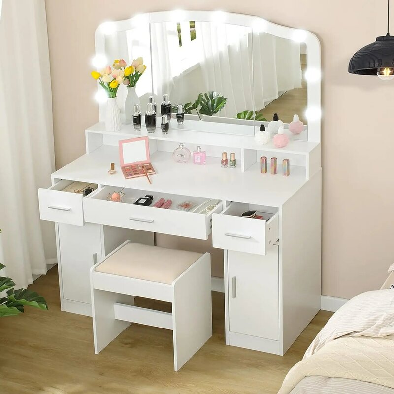 usikey Makeup Vanity with Lights, Vanity Desk, Makeup Vanity Table with 3 Drawers, 2 Cabinets & Long Storage Shelf, 10 Led Light