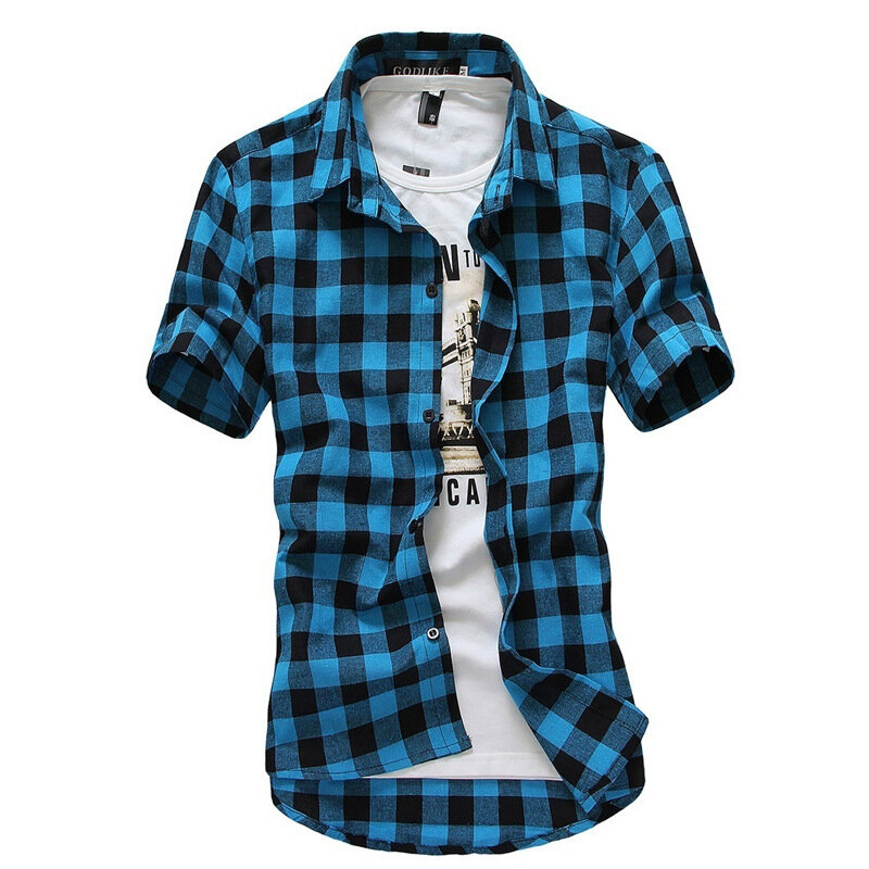 Youth Summer Slim Fit Plaid Short Sleeve Shirts for Men