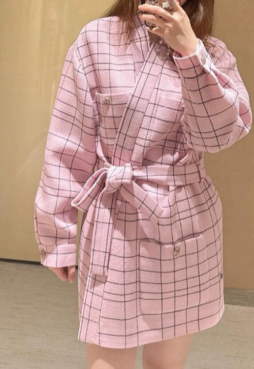 Office Lady striped pink Coat Spring Korean Fashion Elegant loose belt Tweed Jacket Women tops