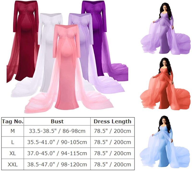 Sepzay 여성의 긴 소매 오프 숄더 출산 맥시 사진 드레스, 얇은 명주 그물 웨딩 인어 가운, 사진 촬영 베이비 샤워
