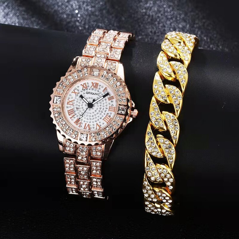 Hip Hop Eenvoudige Iced Out Horloge Cubaanse Ketting Armband Voor Vrouwen Bling Miami Luxe Gouden Klok Sieraden Groothandel Relojes Para mujer