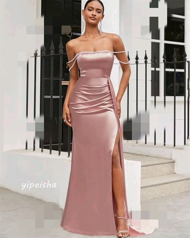 Satin Beading Draped Pleat Cocktail Party A-line Off-the-shoulder Bespoke Occasion Gown Long Dresses