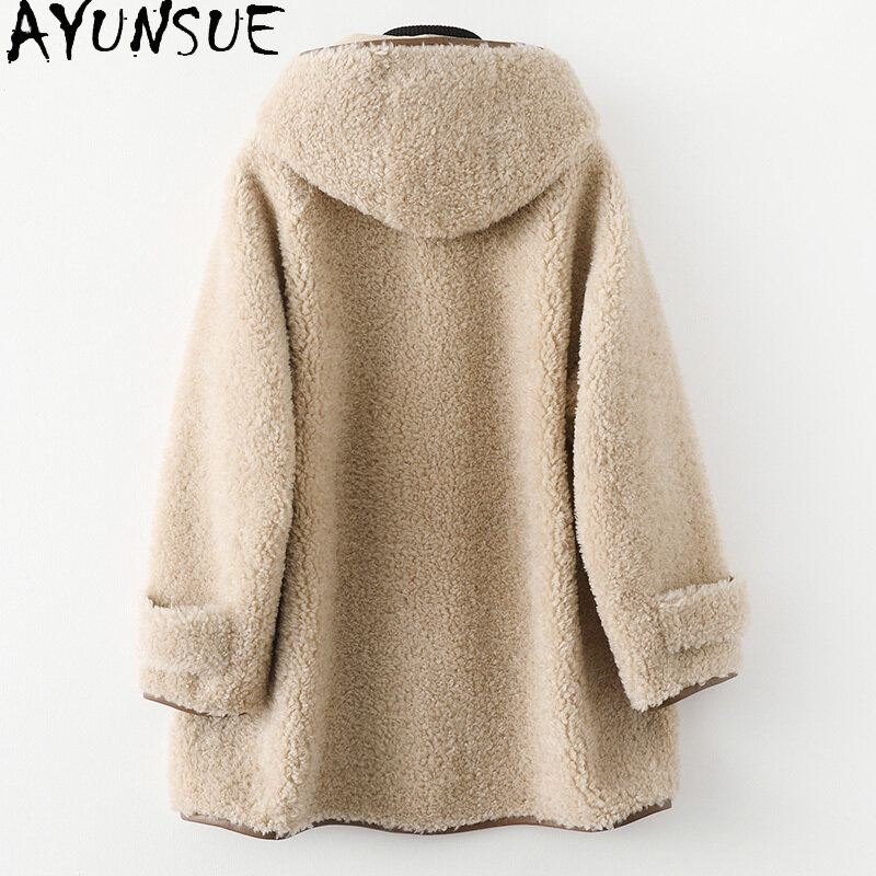 Ayunsue-女性用の長さのフード付きファーコート,100% 羊毛刈り機ジャケット,ウールコート,カジュアル,冬,2023