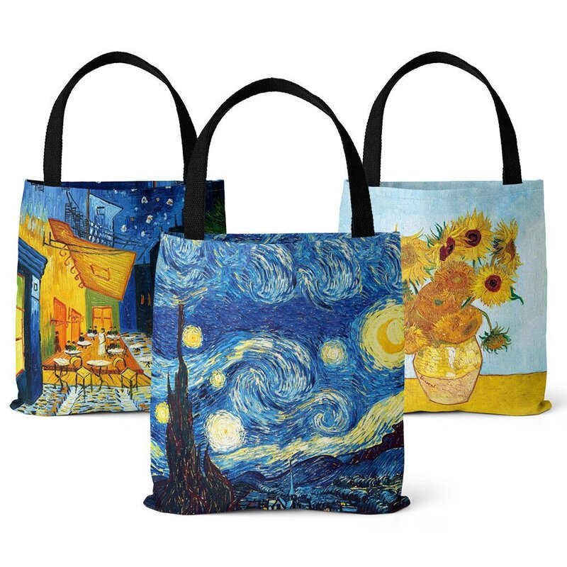 Bolsa de ombro leve, série Van Gogh, pintura a óleo, noite estrelada, girassol, damasco, flor, suporte do café, bolsa de lona