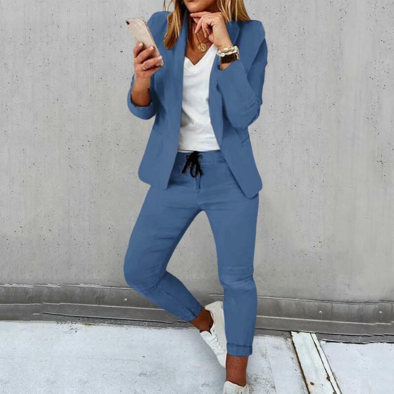 Celana panjang Blazer wanita, mantel celana Set bisnis warna Solid pinggang elastis kerah Slim Fit 2 buah/Set