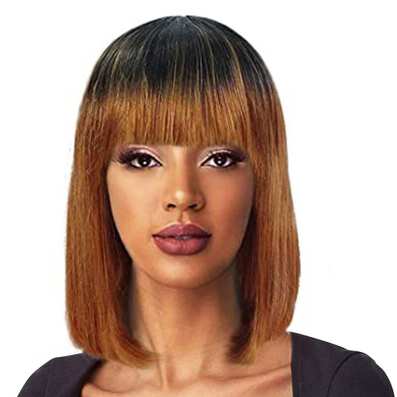 Wig Rambut Manusia untuk Wanita Kulit Hitam Wig Rambut Lurus Bob Pendek dengan Poni Brasil Omber Madu Pirang Tidak Ada Renda Wig Depan