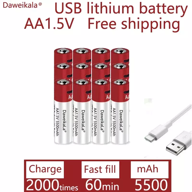 Daweikala jam tangan baterai AA USB isi ulang baterai Li-ion 1.5V AA 5500mah / Li Ion untuk mainan pemutar MP3 termometer Keyboard