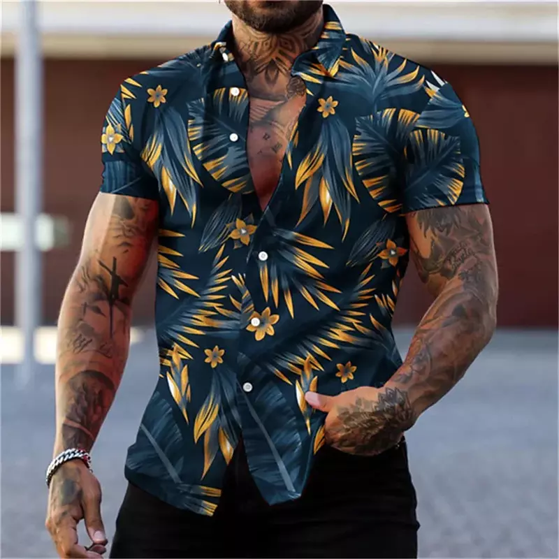 Camisa estampada com padrão vertical masculina, manga curta, botão com gola flip, roupa de tecido confortável, moda rua, verão, 2024