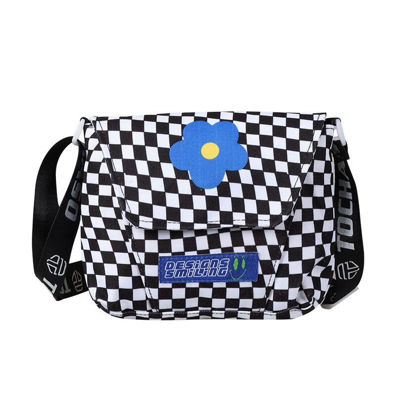 女の子のためのキャンバスバッグ,青のプリント,女性のためのチェック柄のバッグ,花の王女,小さな変更のためのバッグ