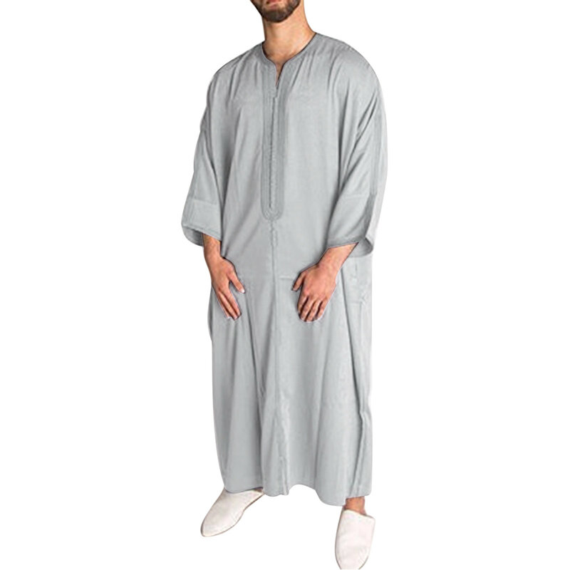 Jubba Thobe manga comprida para homens, kaftan durável, túnica árabe muçulmana, vestido étnico islâmico, camisas soltas de noite, roupas casuais da moda