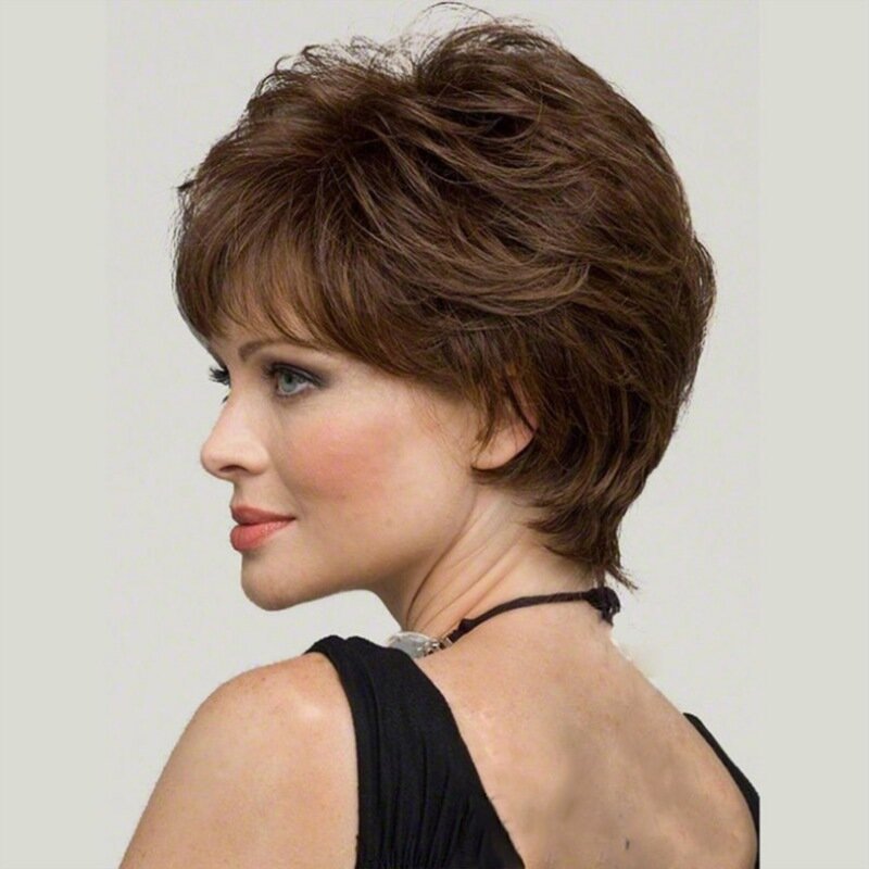 Curto micro cabelo ondulado para mulheres, peruca de cabeça cheia ondulada marrom, branco, design avançado, nova moda
