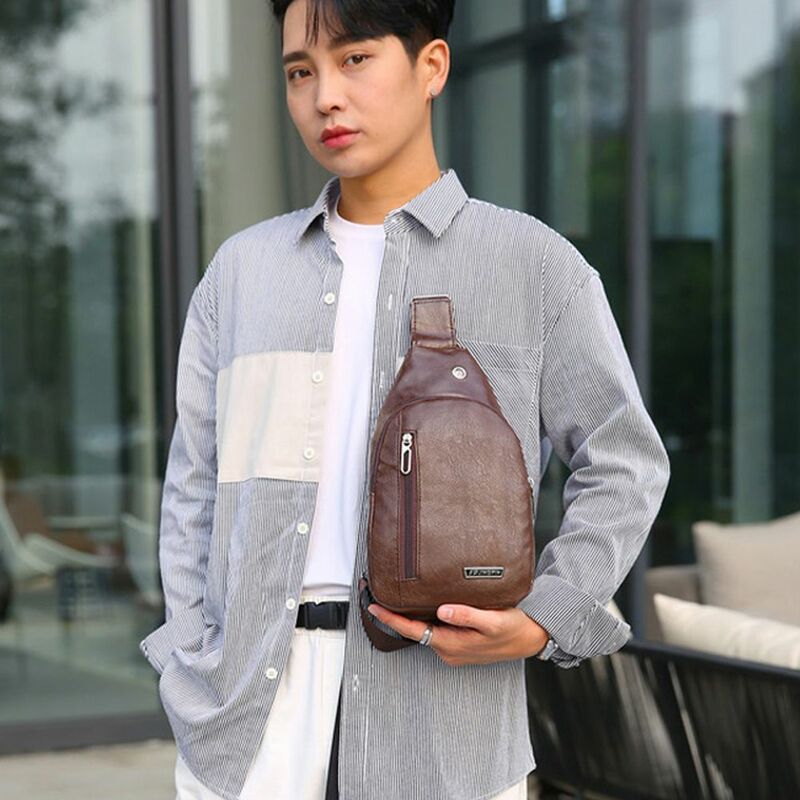 Convenient Simple Travel One-Shoulder With Earphone Hole Shopping Men's Handbag Crossbody Bag PU Leather Messenger Bag