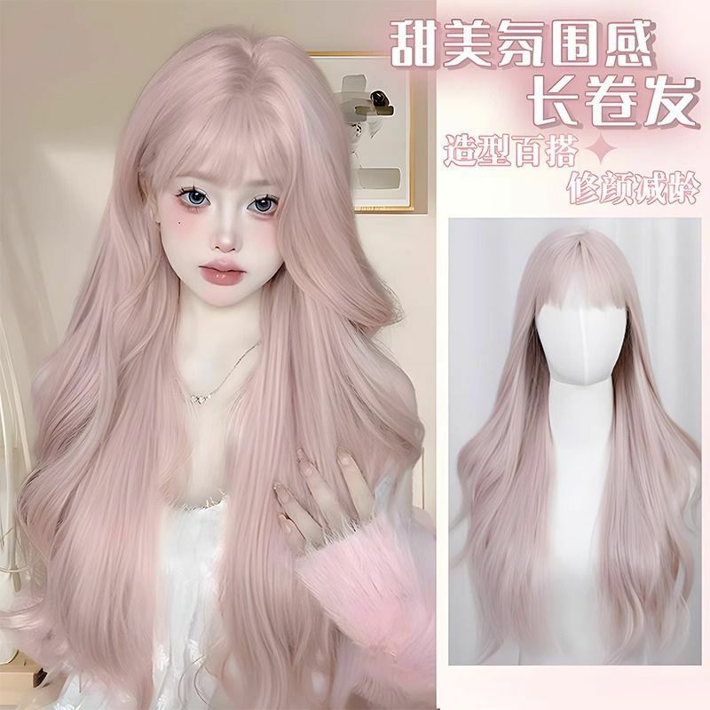 Wig merah muda untuk wanita gelombang panjang padat Cospaly Lolita Wig sintetis pesta harian dengan poni rambut palsu Wig suhu tinggi gw발