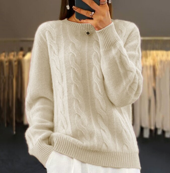 Женские плетеные ткани, зима 2023, свежий и милый Повседневный однотонный пуловер в стиле ретро с крючком и круглым вырезом, вязаный свитер