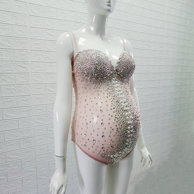 Luxurious Rhinestone Maternity Photography Bodysuit Crystal Stretchy Pearl Pregnant Woman Bodysuits For Photo Shoot