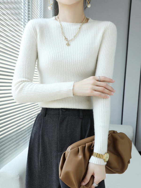 Alsalect Pullover ramping leher-o wanita, Sweater wol warna polos musim semi musim gugur musim dingin 100%