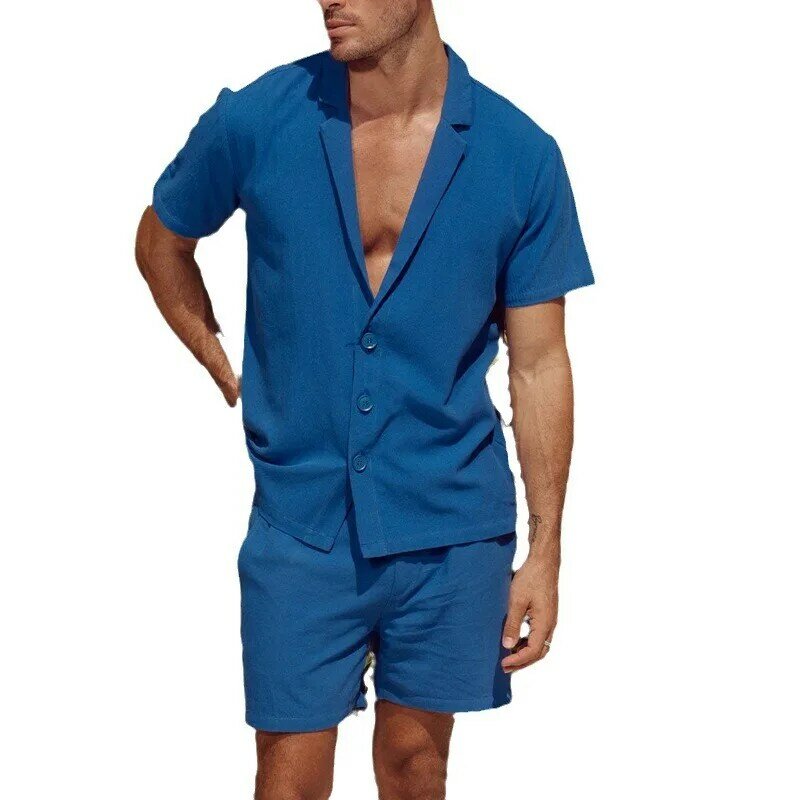 Мужские костюмы 2024, Однотонная рубашка с отворотом и пуговицами, укороченные шорты, повседневный комплект из двух предметов для мужчин